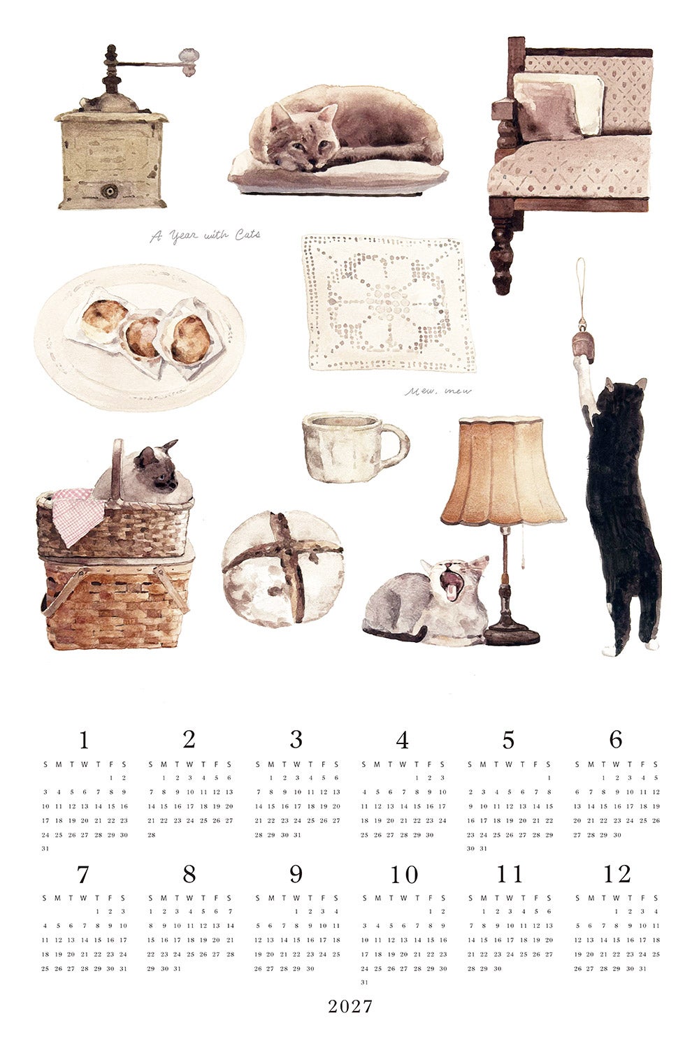 予約商品】2027 リネンカレンダー A year with cats MISATO OGIHARA